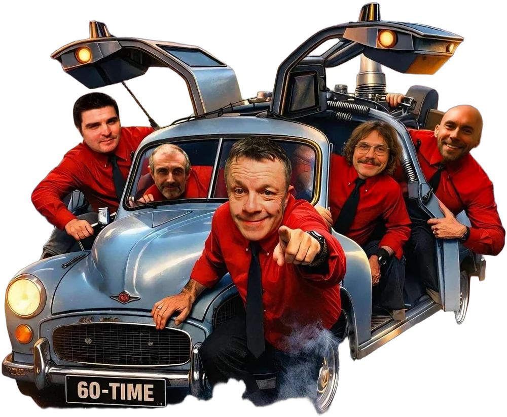 The five members of Back to the Sixties in matching red shirts gathered around their silver Morris Minor with gullwing doors